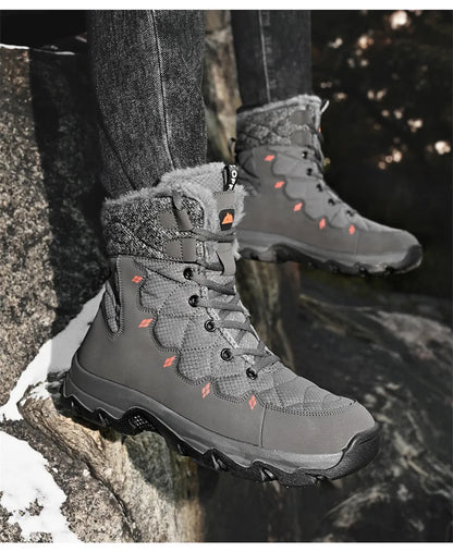Men's Winter Snow Boots Leather Waterproof Mid-Calf Plush Lining Lace-Up