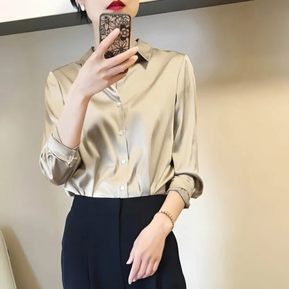 Satin Long Sleeve Blouse For Women Button Front Turn Down Collar Solid