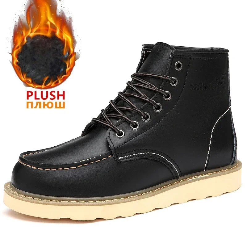 Mens Leather Winter Snow Boots With Fur Waterproof Ankle High Top