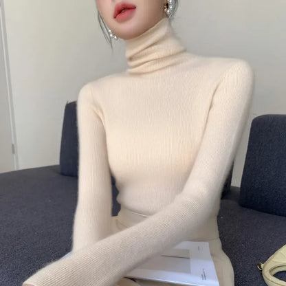 Women's Turtleneck Knit Pullover Sweater, Slim Fit, Long Sleeve, Solid