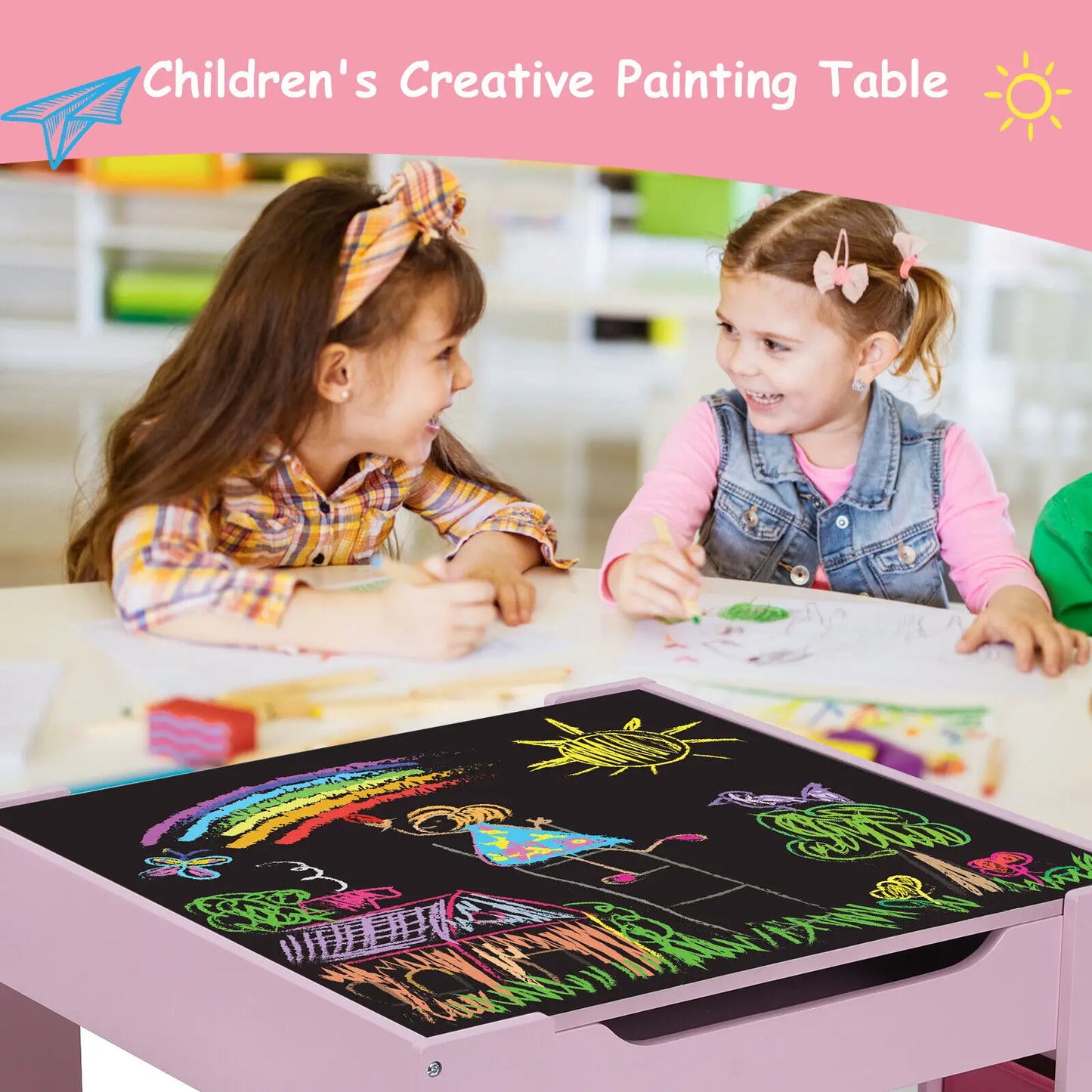 Kids Table and 2 Chairs Set W/ Storage Drawer Wooden Activity Table For Toddlers Detachable for Children Drawing Reading