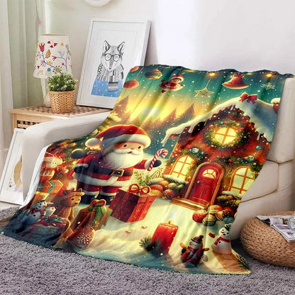 Cartoon Santa Snowman Throw Blanket Flannel Polyester Cotton
