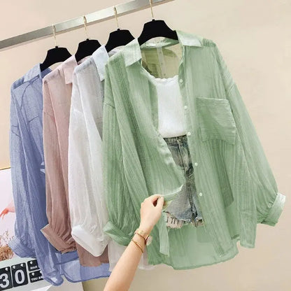 Chiffon See-Through Loose-Fit Long Blouse For Women