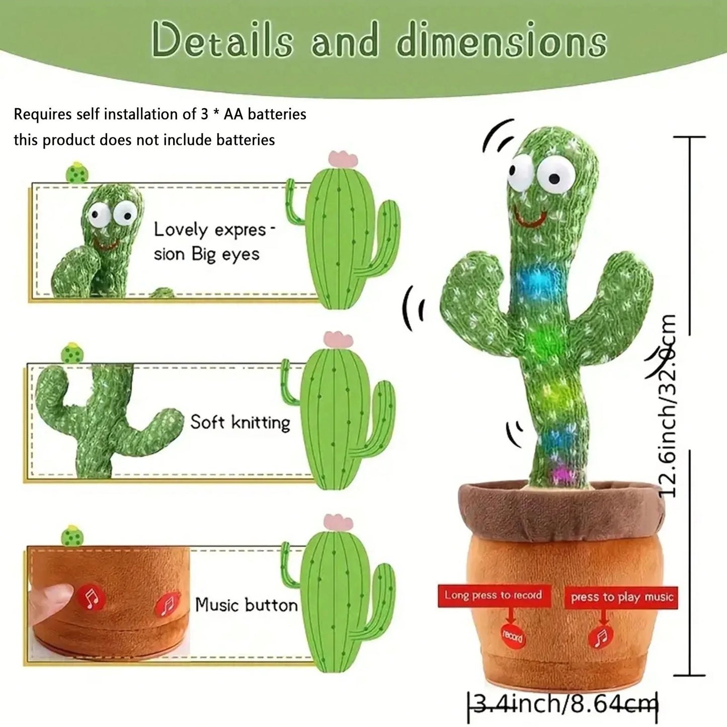 1pc-Dancing Talking Cactus Toys For Baby Boys And Girls, Singing Mimicking Recording Repeating What You Say Sunny Cactus Up Plus