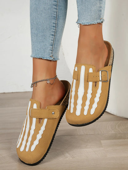 Womens Skeleton Print Slip On Sandals With Buckle Strap Closed Toe