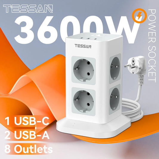 TESSAN Tower Power Strip Multi Outlets with 2 USB +1 Type C 2M Extension Cable EU Plug Vertical Electric Socket Surge Protection