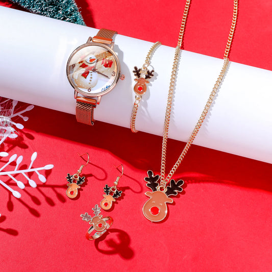 Festive Quartz Watch Accessory Set – Snowman & Reindeer Pattern