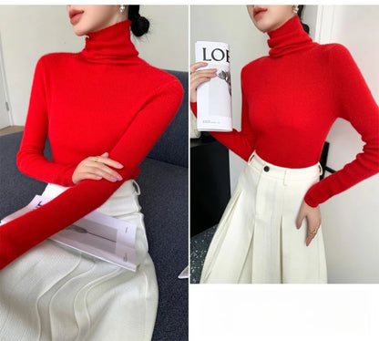 Women's Turtleneck Knit Pullover Sweater, Slim Fit, Long Sleeve, Solid