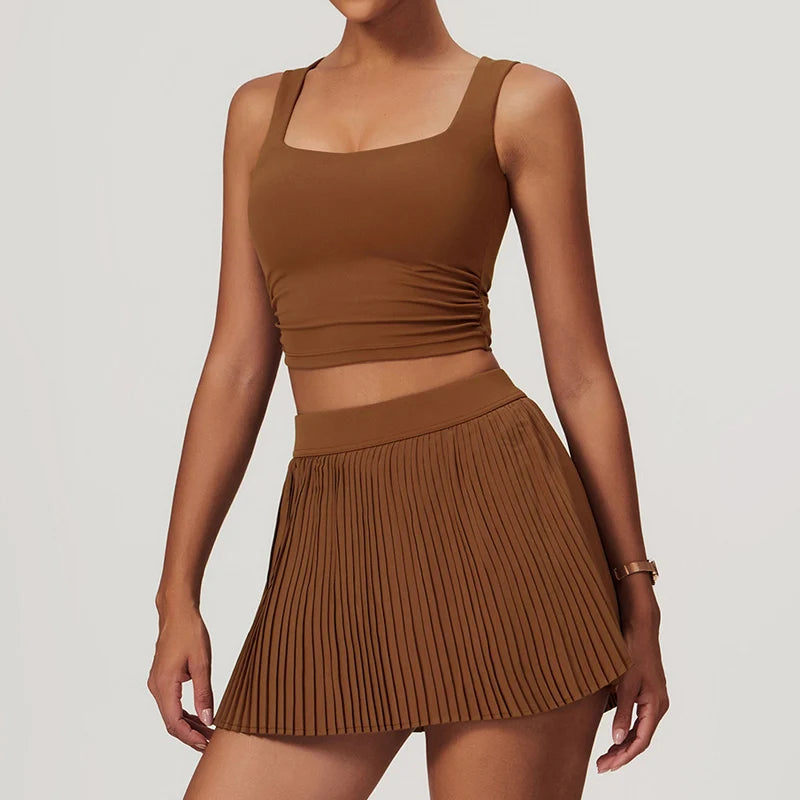 VITALINOVO Tennis Dress for Women 2 Pieces High Waisted Pleated Skirt Sets Racerback Padded Workout Crop Tank Tops Golf Workout