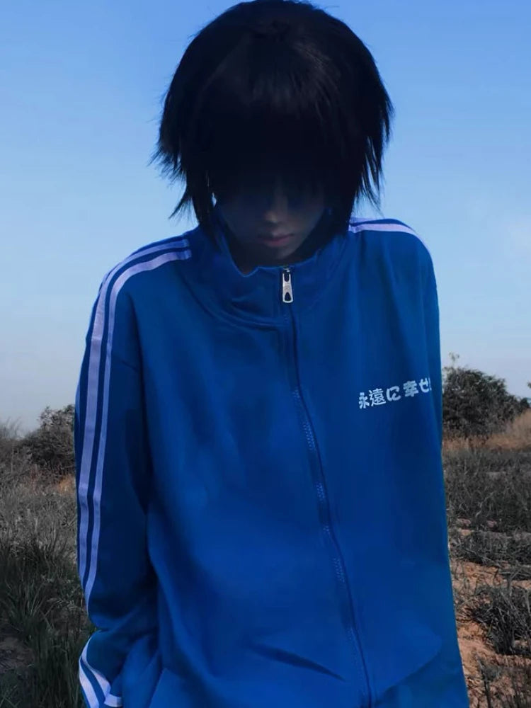 Japanese Casual Stand Neck Hoodie Women Men Streetwear Letter Print Zipper Grunge Sweatshirt Y2k Aesthetic Loose Patchwork Hoody