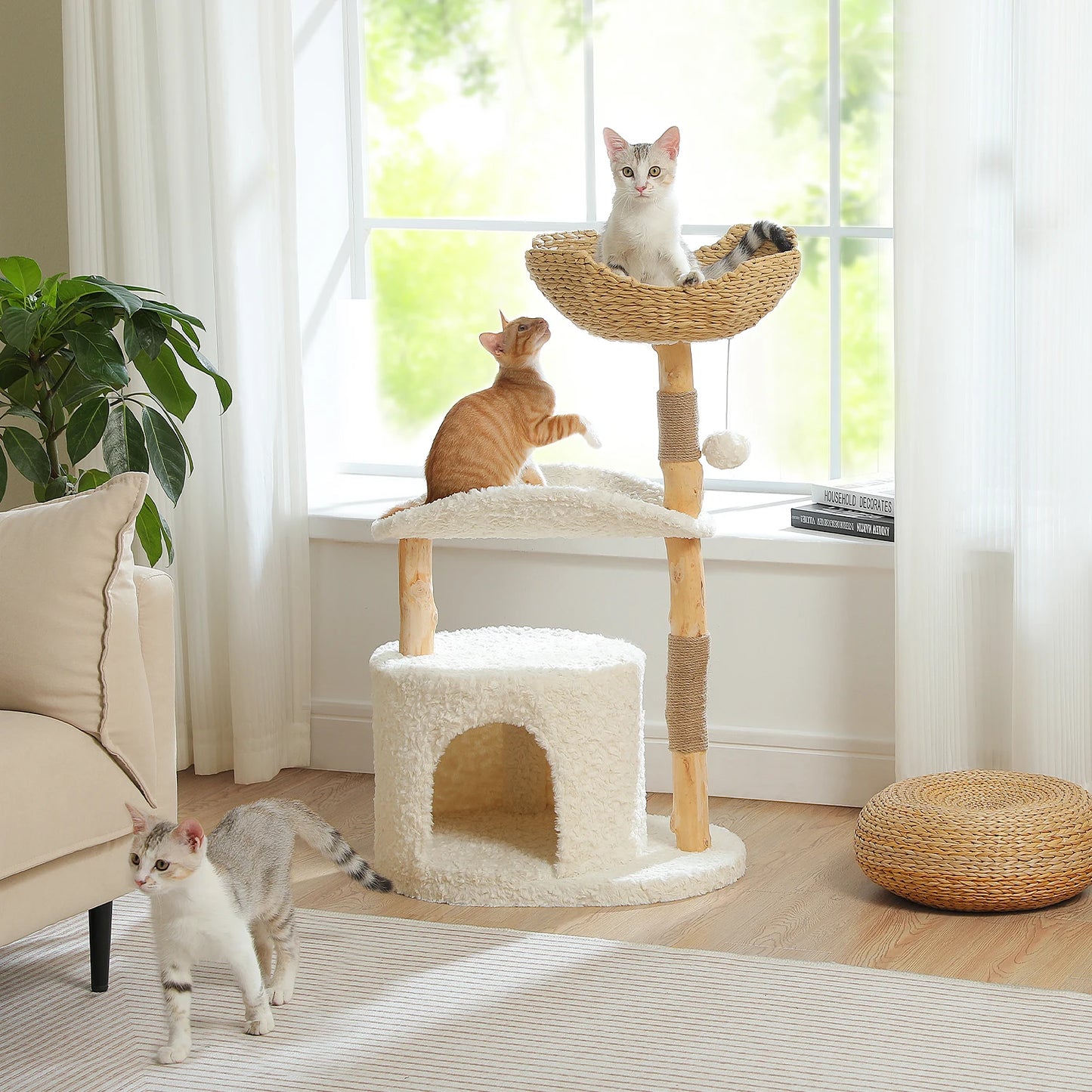 Solid Wood Cat Tree Modern Cat Tower with Spacious Cat Condo,Flower Perches,Fun Pompom,Double Comfort Perfect for Indoor Kittes