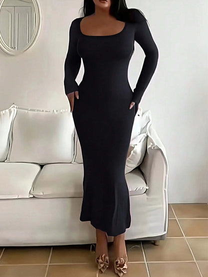 Women's Solid Long Sleeve Bodycon Dress Ankle Length Polyester Elastane