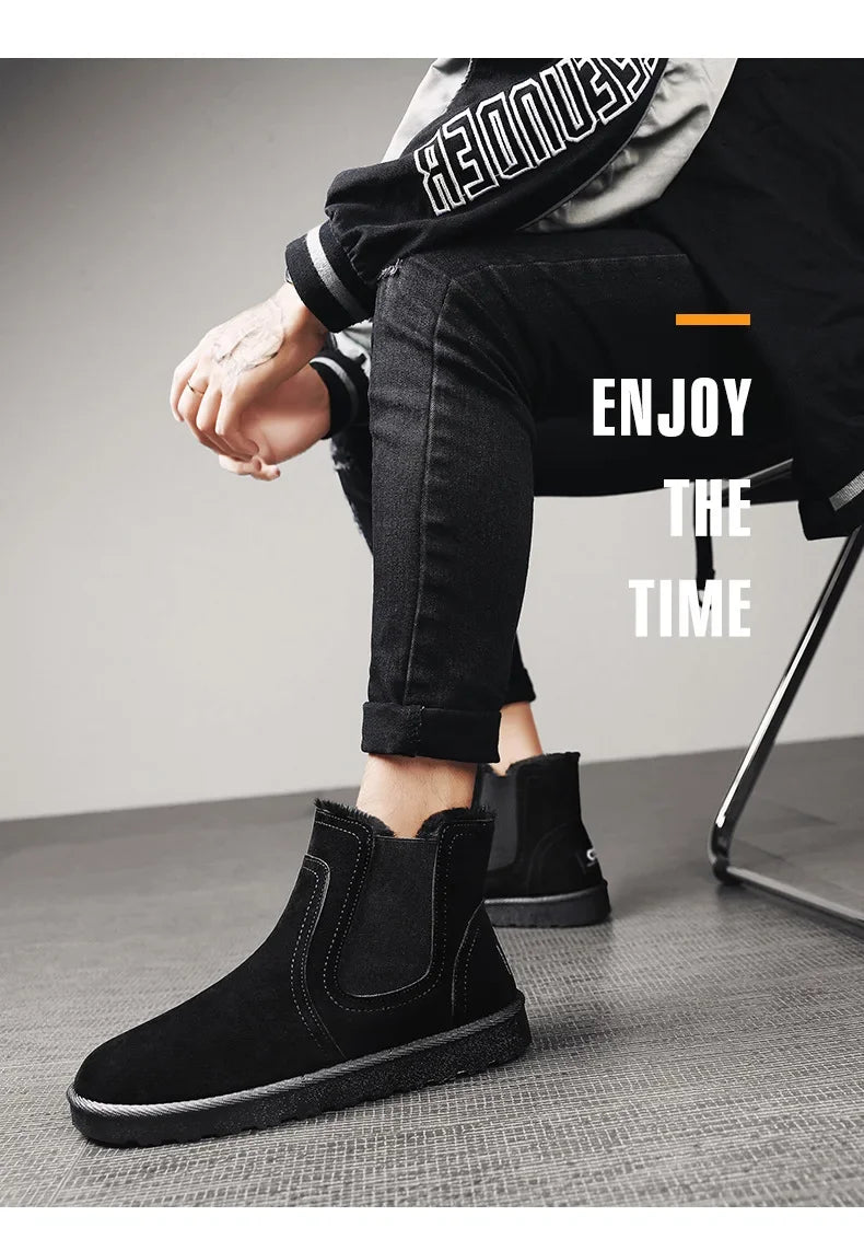 Leather High Top Winter Boots For Men With Plush Lining Outdoor Snow