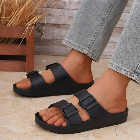 Slippers For Men Buckle Adjustable EVA Slip On One Piece Double Bar Flat