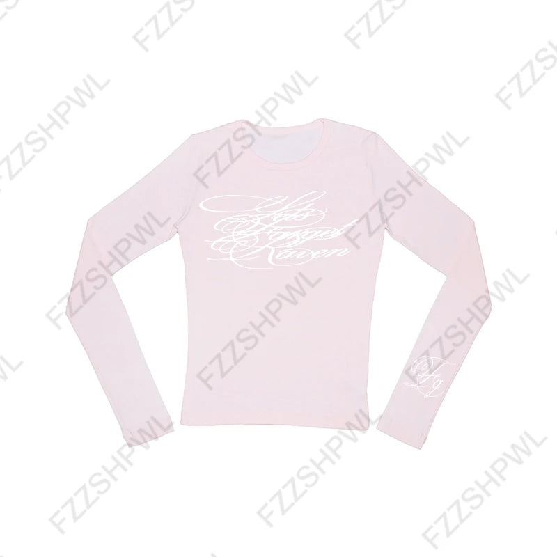 Hip Hop Punk Grunge Men Women Long Sleeve T-Shirt Casual Slim Chic Gothic Letter Print O-Neck Top Y2K Harajuku Unisex Streetwear