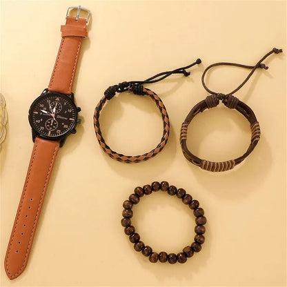 Elegant Leather Watch & Bracelet Set for Men – Fashion Quartz Wristwatch