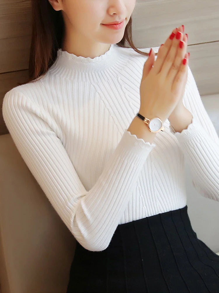 2025 Autumn Women Mock Neck Ruffles Sweater Long Sleeve Knitted Bottoming Solid Pullovers Stripe Women Casual Sweater Winter