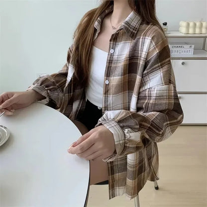 Women Plaid Shirt Long Sleeve Turn Down Collar Single Breasted Loose Fit