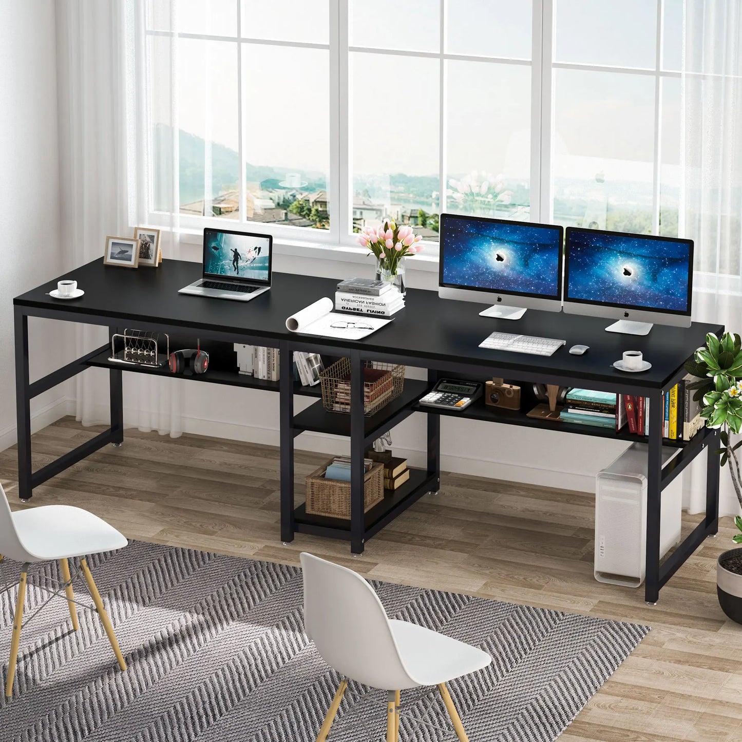 Tribesigns Two Person Desk with Bookshelf, 78.7 Computer Office Double Desk for Two Person, Rustic Writing Desk Workstation