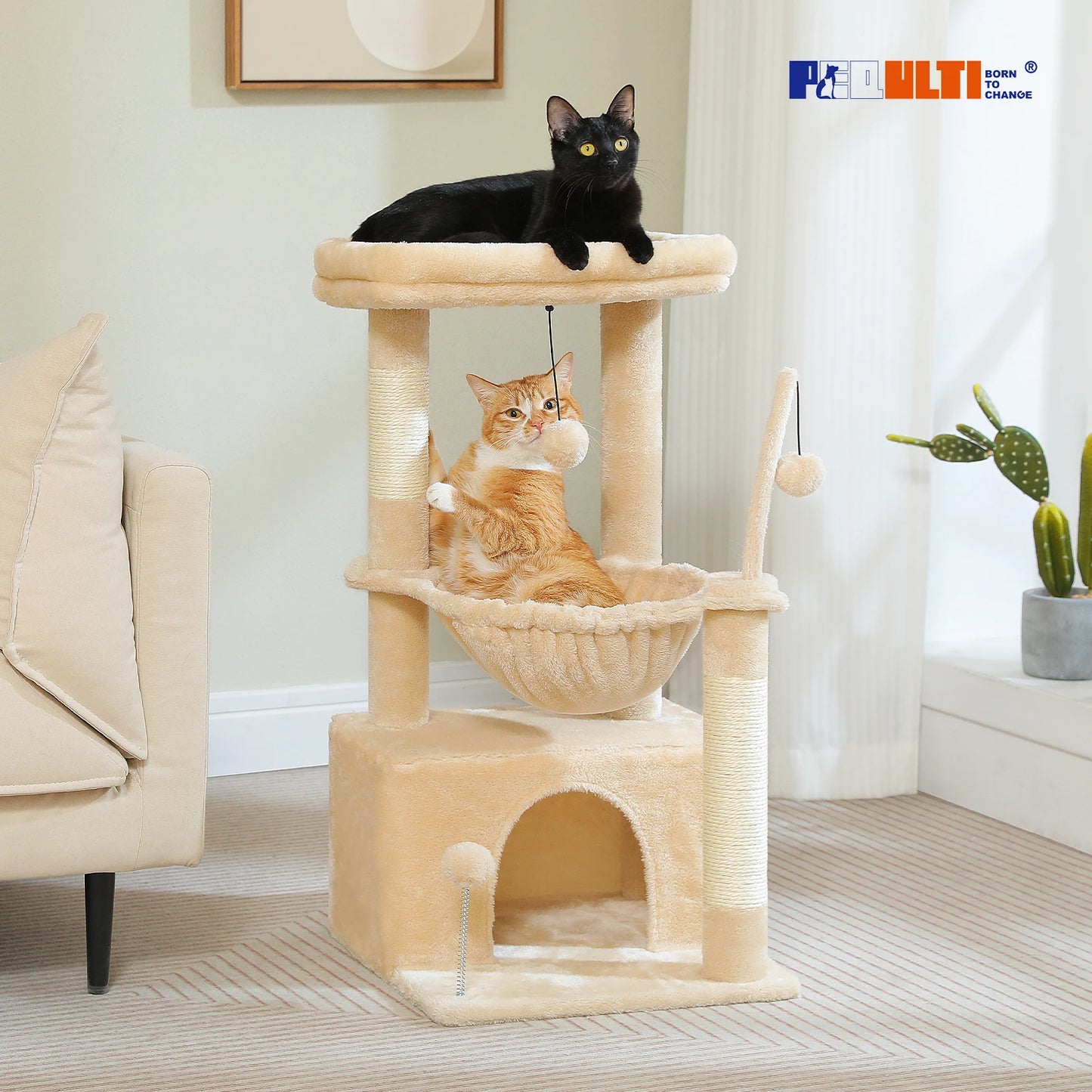Small Cat Tree with Cozy Condo Hammock Top Perch Cat Scratching Post for Indoor Multi-Level Cat Tower Cat Scratcher Kitten Toys