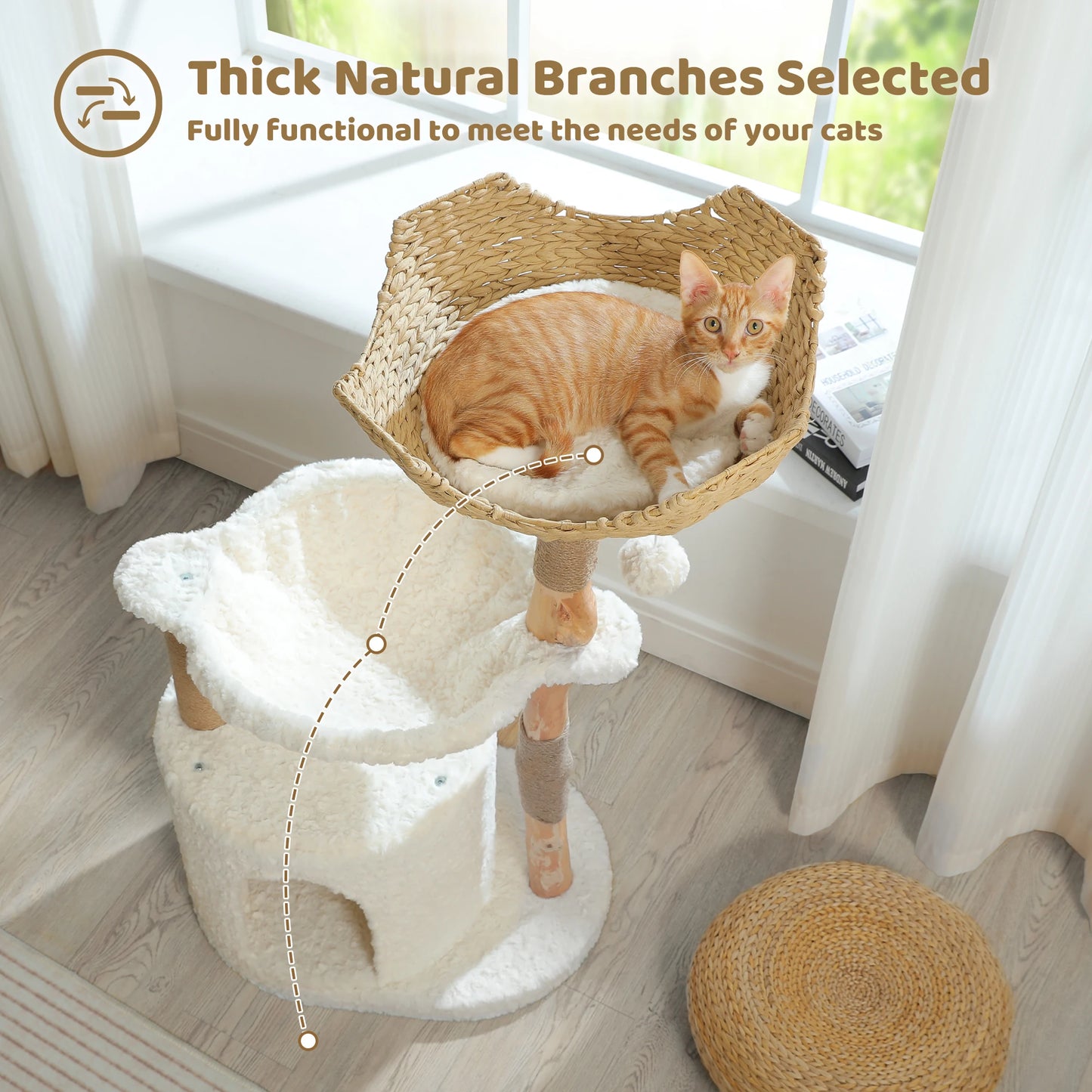 Solid Wood Cat Tree Modern Cat Tower with Spacious Cat Condo,Flower Perches,Fun Pompom,Double Comfort Perfect for Indoor Kittes