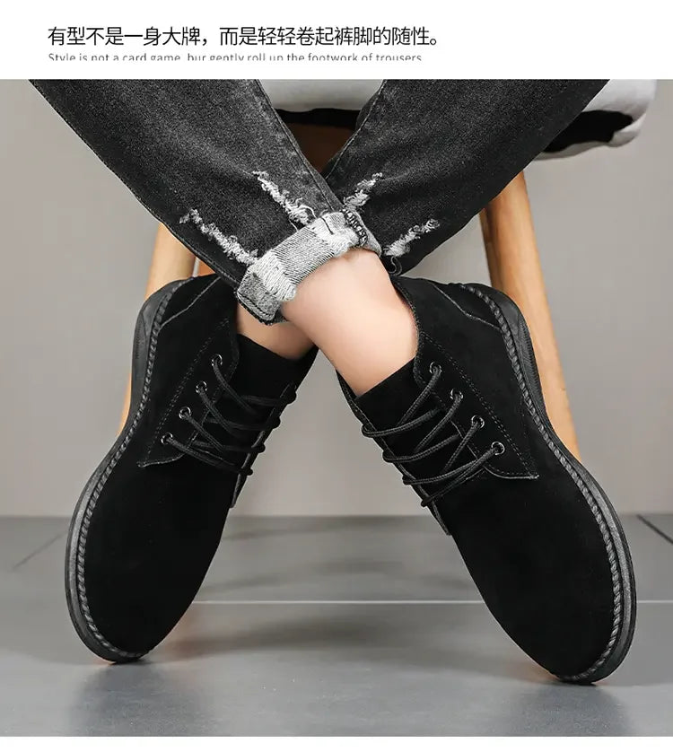 High Top Casual Board Shoes Men's Lace Up Suede Black Flat Bottom Short Boots Men's Chelsea Boots High-quality Brand Denim Boots