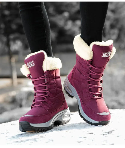 Women's Ankle Snow Boots With Fur Lining PU Waterproof Lace Up Winter