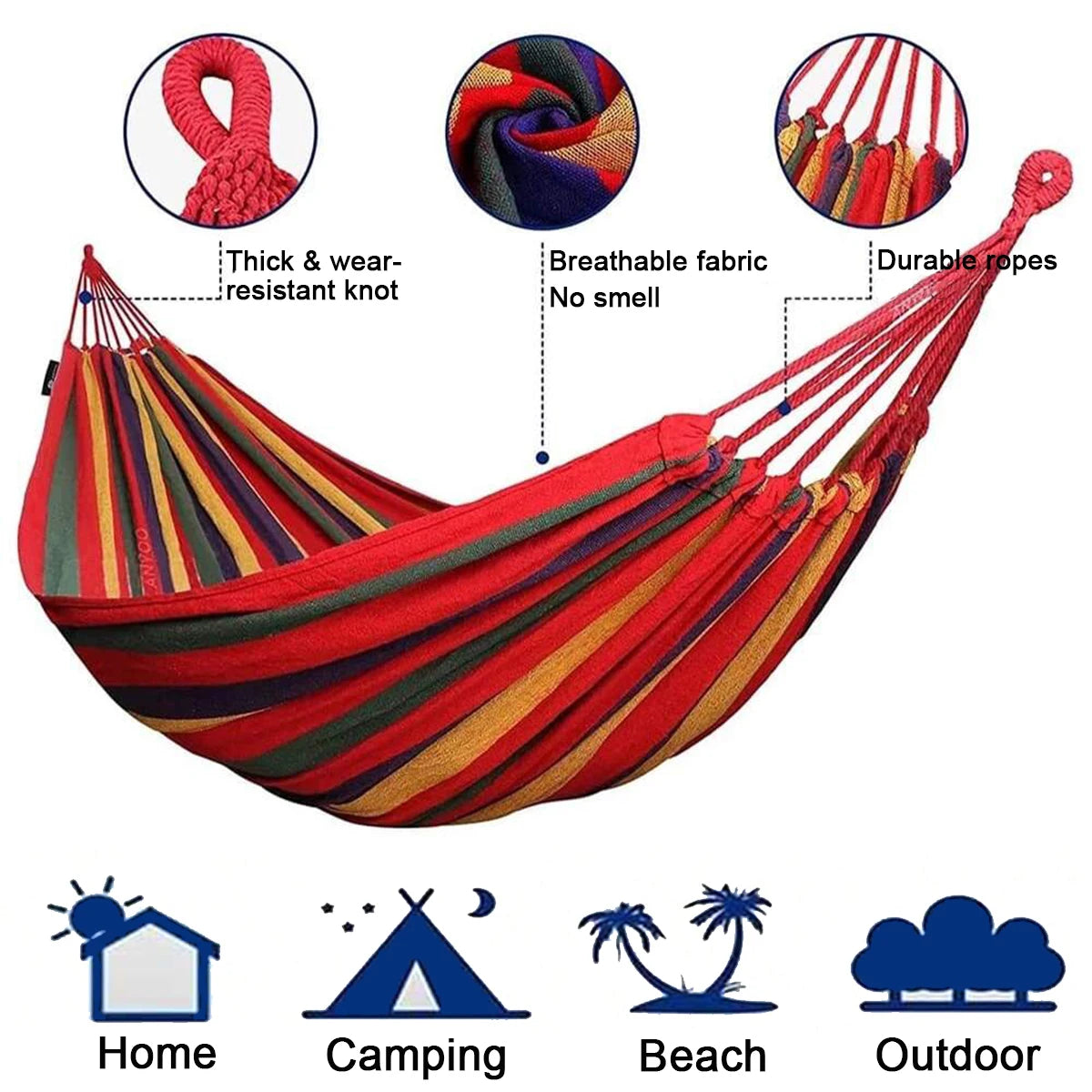 Double Hammock 2 Person Canvas Cotton Hammock with Tree Straps for Patio Garden Backyard Outdoor and Indoor (Red, Blue)