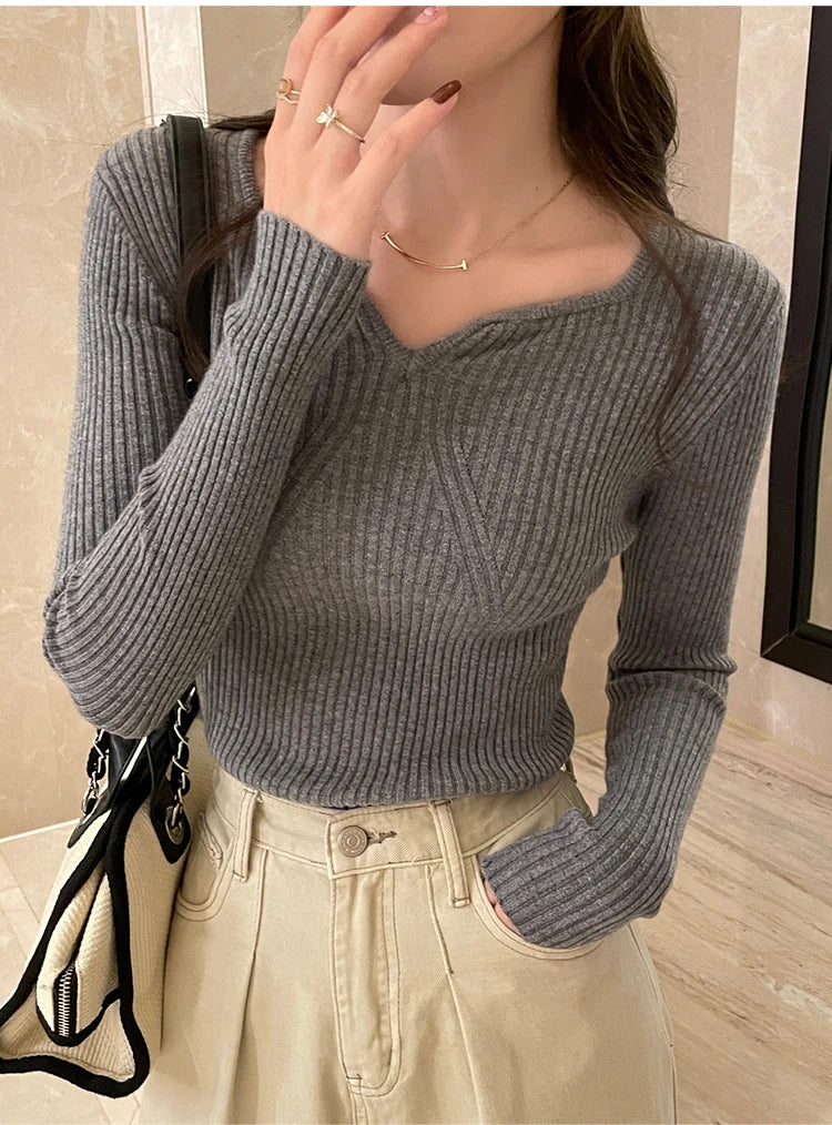 2025 Basic V-neck Chic  Autumn Winter Pullover Women Female Knitted Ribbed Sweater Slim Long Sleeve Badycon High Quality Sweater