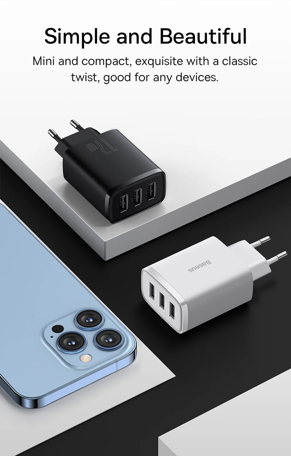Baseus 17W USB Charger 3 USB Fast Charging Charger For iPhone Xiaomi Mobile Phone Portable Multiple Port Wall Charger EU Adapter