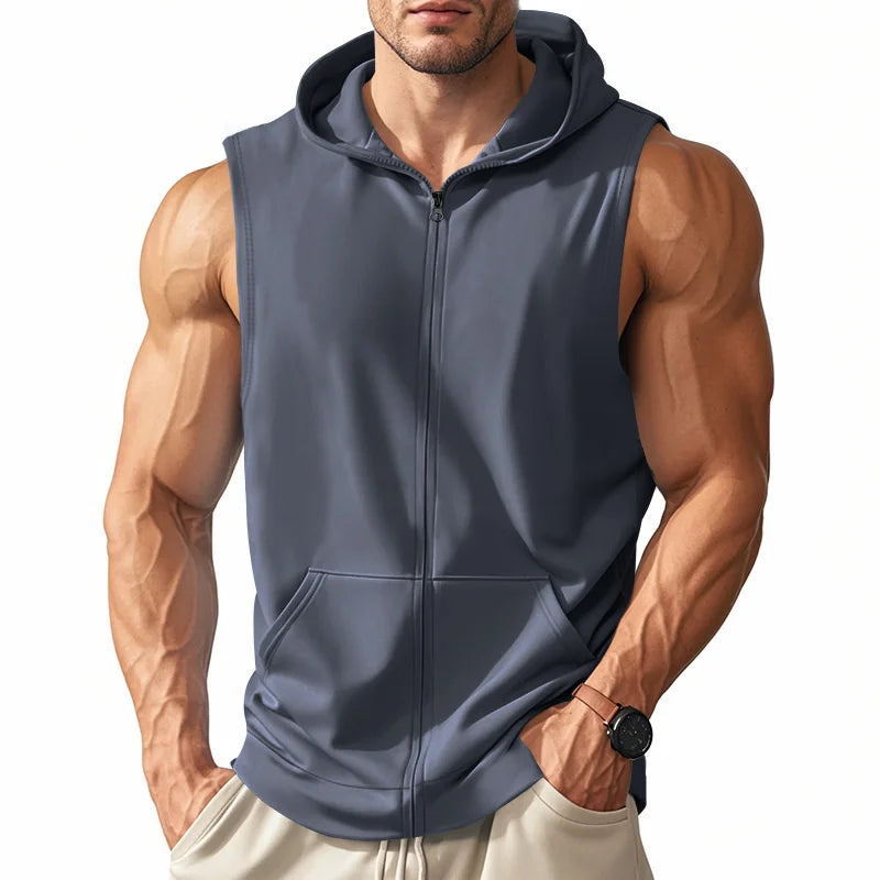 Summer Men's Hooded Zipper Tank Tops Casual Fitness Sports Vest Fashion Zipper Sleeveless Cardigan Tees Tops Male running Vest