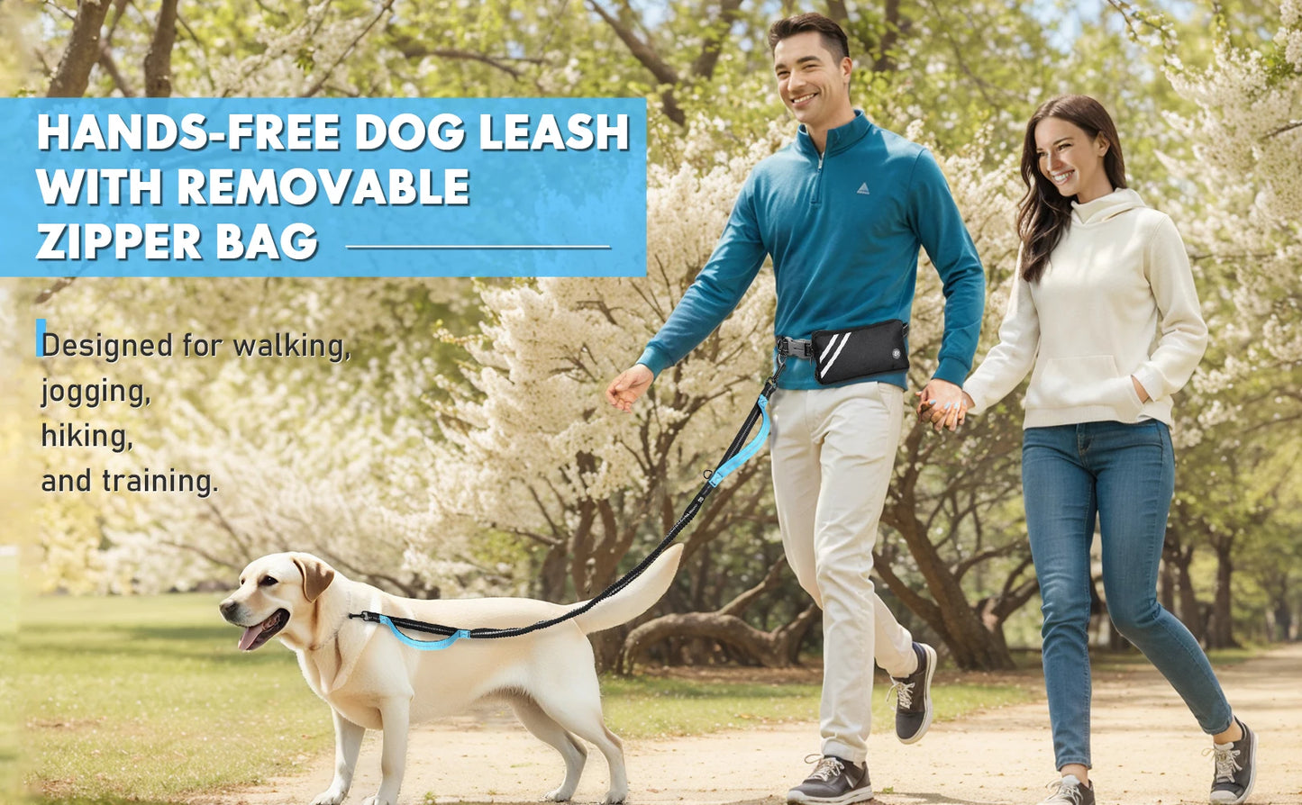 Hands Free Dog Leash with Zipper Pouch, Dual Padded Handles and Durable Bungee for Walking, Jogging and Running Your Dog