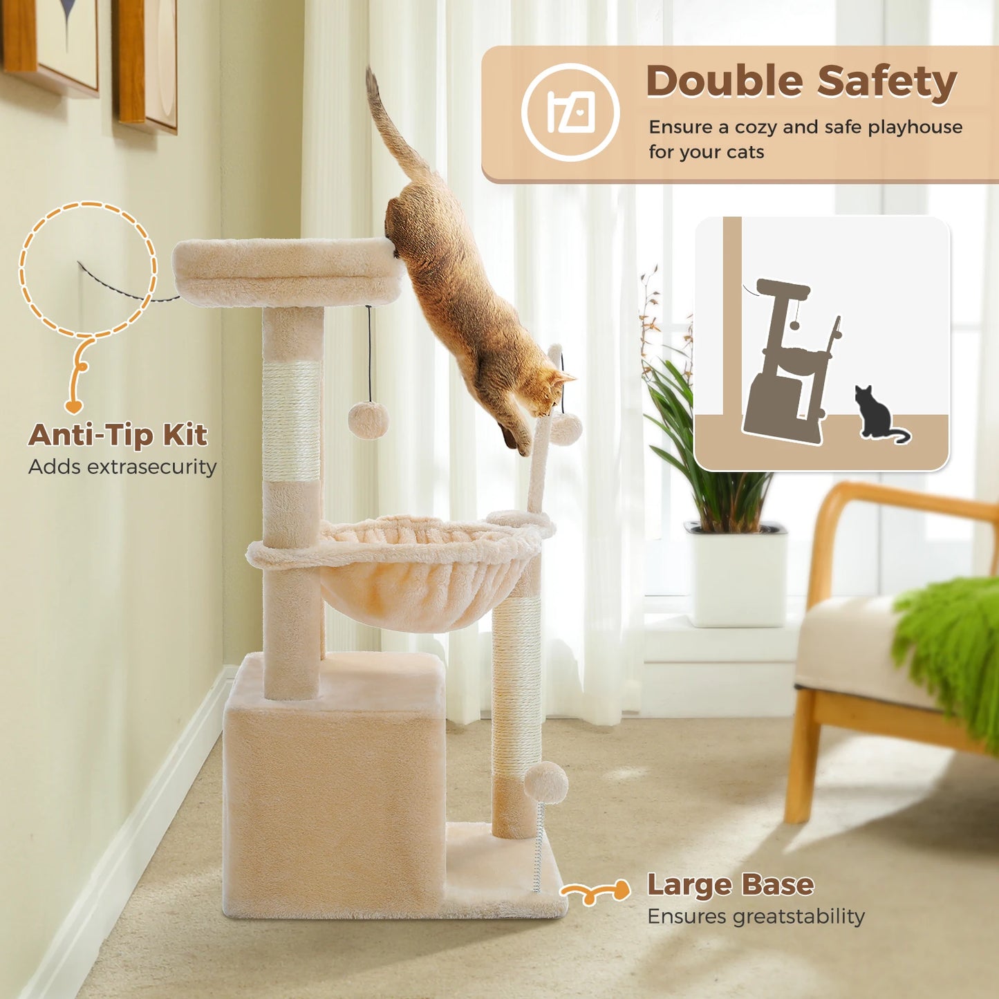 Small Cat Tree with Cozy Condo Hammock Top Perch Cat Scratching Post for Indoor Multi-Level Cat Tower Cat Scratcher Kitten Toys