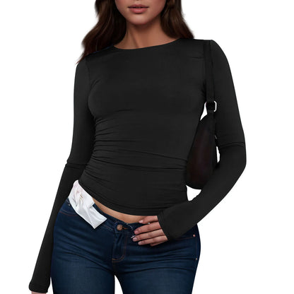 O-Neck Long Sleeve Cropped Top For Women Broadcloth Polyester