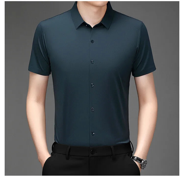 Men's Ultra Stretch Short Sleeve Shirt Business Casual  Breathable Stretchable Abrasion-Resistant Solid Color Short Sleeve Shirt