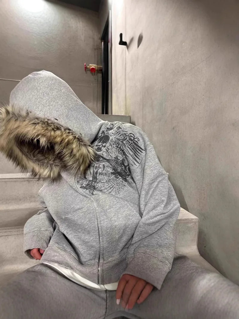 Autumn/Winter Y2k Women Aesthetic Harajuku Faux Fur Collar Hoodies Clothes Graphic Hip Hop Punk Gothic Zip Up Hoodies 2025 new