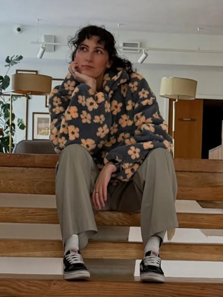 Blubelle New Autumn Winter Women's Sherpa Floral Pullover Hoodies Half Zip Style Loose Fit Warm Stylish Sweatshirt