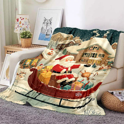 Cartoon Santa Snowman Throw Blanket Flannel Polyester Cotton