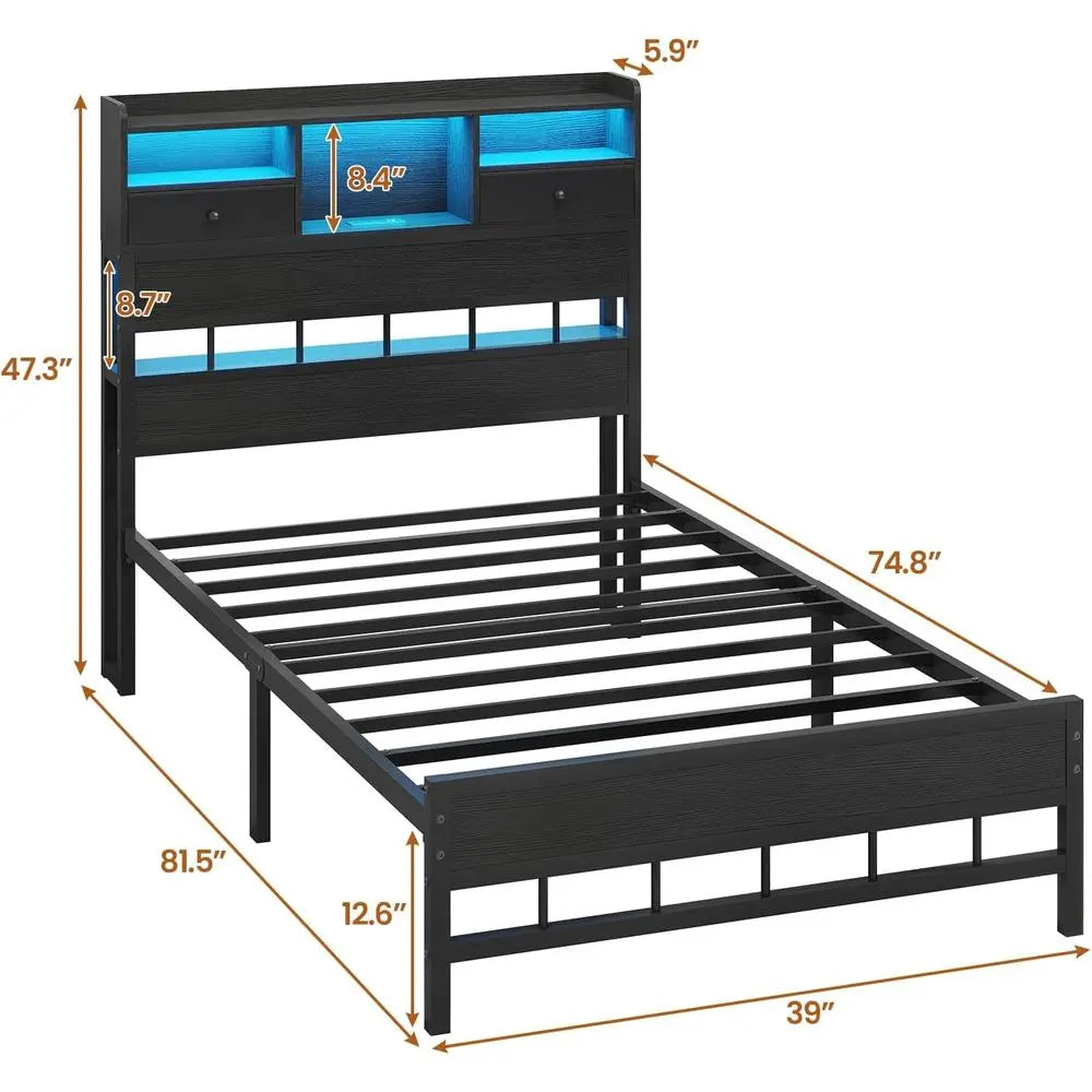 Twin Size Bed Frame with Headboard, LED Lighting, Storage Shelves, and Underbed Storage, Platform Bed for Kids, No Box Spring Re