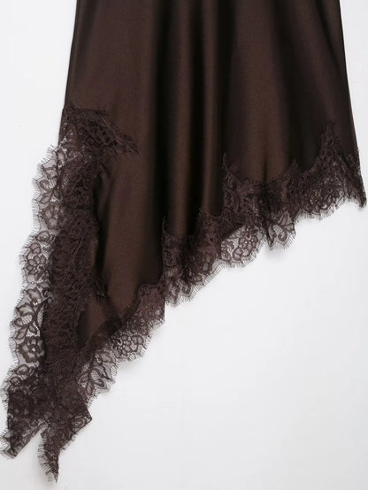 Women Backless Lace Splicing Mini Dress Sleeveless Solid Asymmetrical Polyester