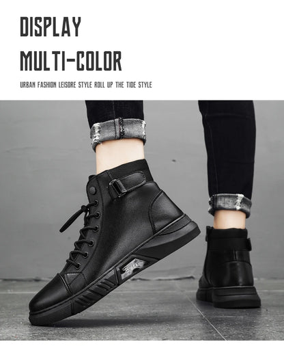 Brown Leather Mens Ankle Boots Lace Up Platform Outdoor