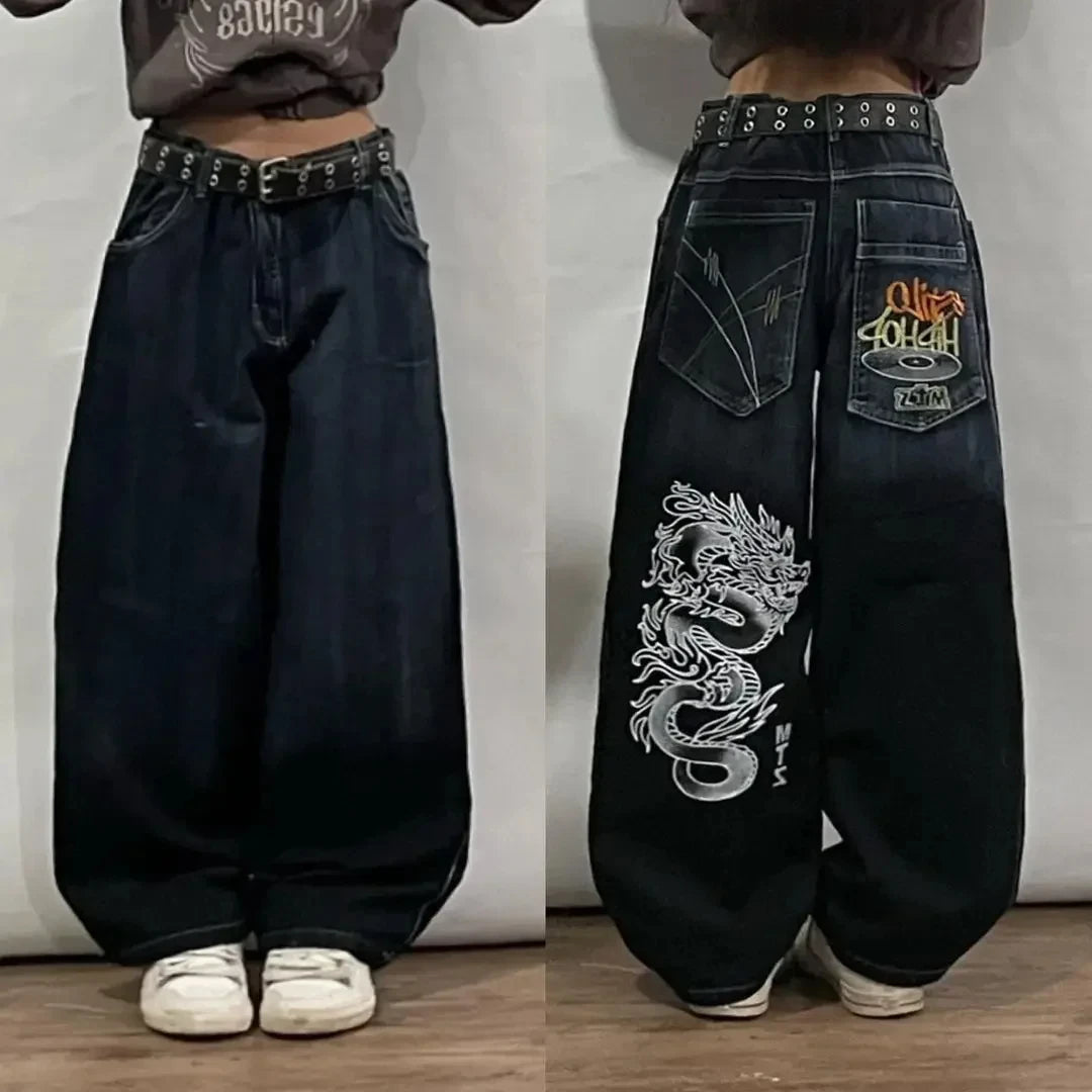 American Fashion Trend Joker Pattern Embroidered Loose Jeans Women Street Y2K New Hip Hop Oversized Wide-leg Pants Unisex Jeans