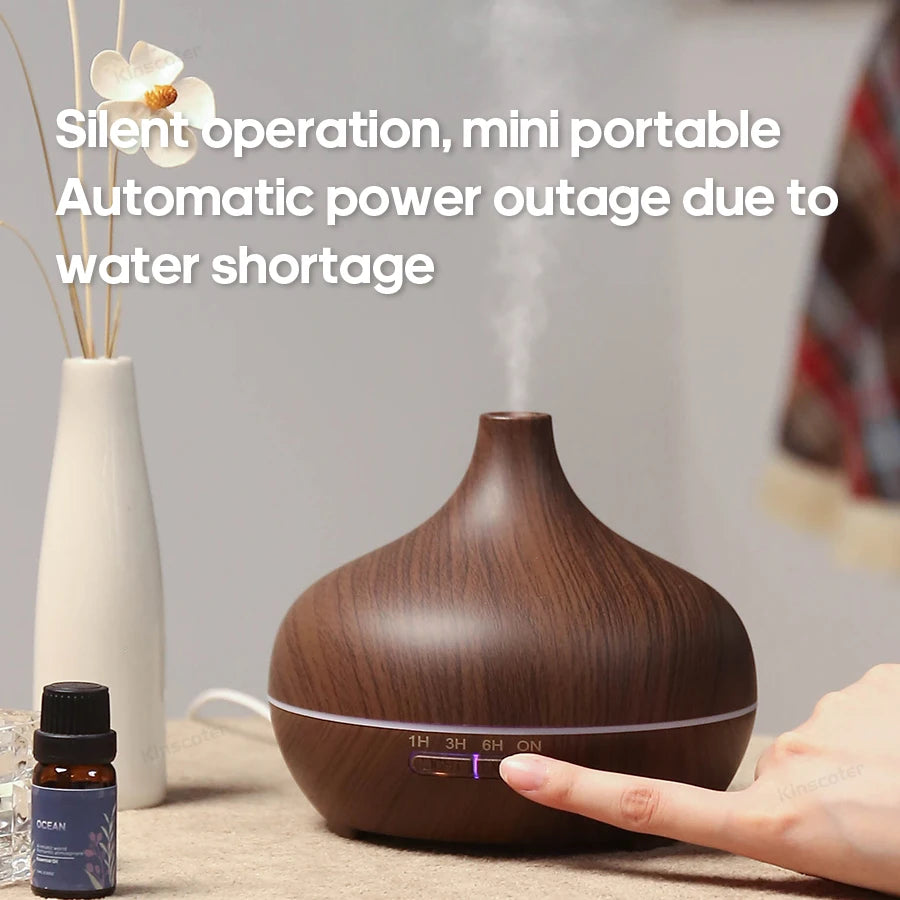 KINSCOTER Wood Grain Aromatherapy Diffuser 300ml Essential Aroma Oils Ultrasonic Air Humidifier 3 Timers USB Color Light