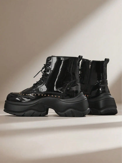 Mid-Calf Leather Motorcycle Boots With Rivet And Lace-Up 4.5 cm Thick Sole