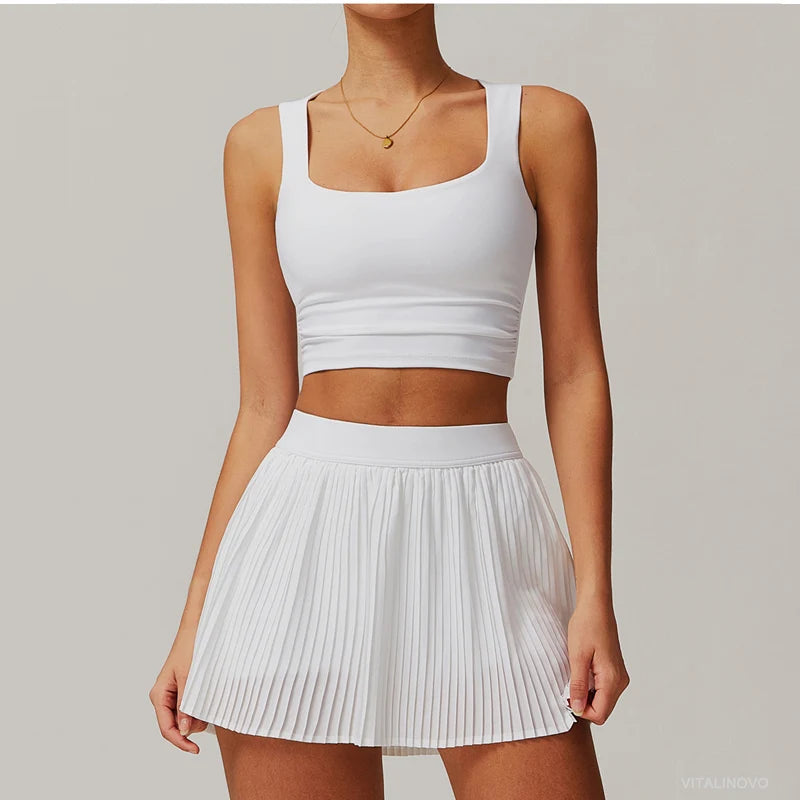 VITALINOVO Tennis Dress for Women 2 Pieces High Waisted Pleated Skirt Sets Racerback Padded Workout Crop Tank Tops Golf Workout