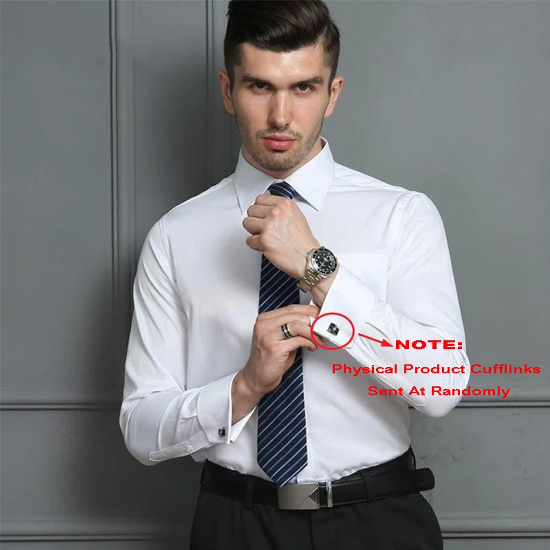 M~6XL Men's French Cuff Dress Shirt White Long Sleeve Social Male Shirts Regular Fit Party Dinner Wedding Cufflinks Formal Shirt