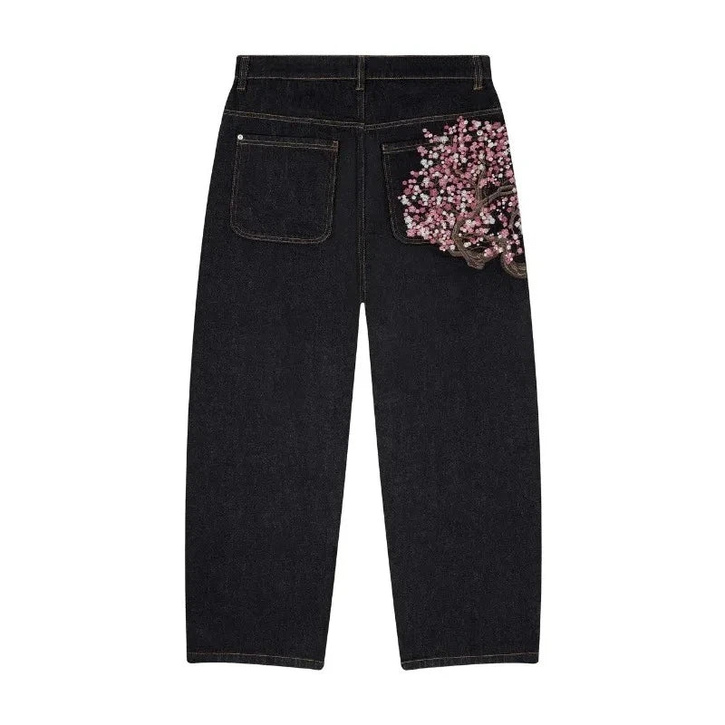 Unisex Denim Jeans With Plum Blossom Embroidery Wide Leg