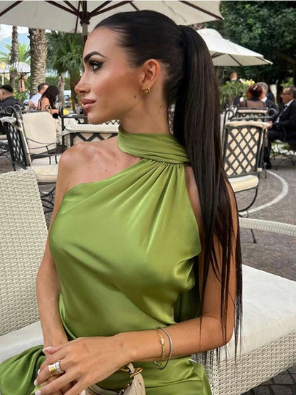 Party Dress Polyester Ankle Length Backless Halter Off Shoulder Sleeveless