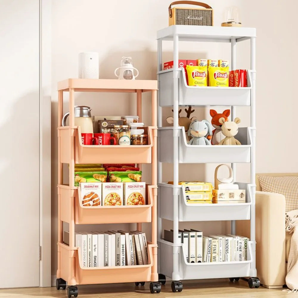 Bookshelf With Wheels Multi-Layer Movable Trolley Home Snack Organizer Shelf Kitchen Vegetable Basket Bedroom Mobile Cart Racks
