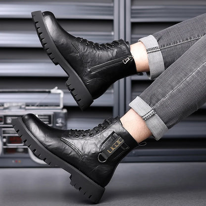 Mens Genuine Leather Motorcycle Boots Mid Calf With Thick Sole